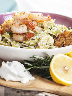 Makaron Verdi z krewetkami w kremowym cytrynowym sosie